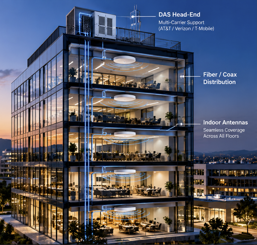 Indoor ceiling-mounted cellular antenna in a modern commercial interior