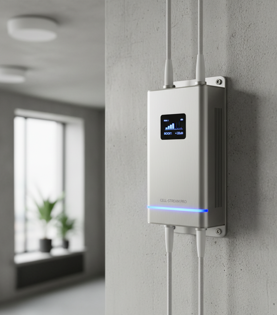 Premium cellular signal booster amplifier and antenna installed in a luxury home